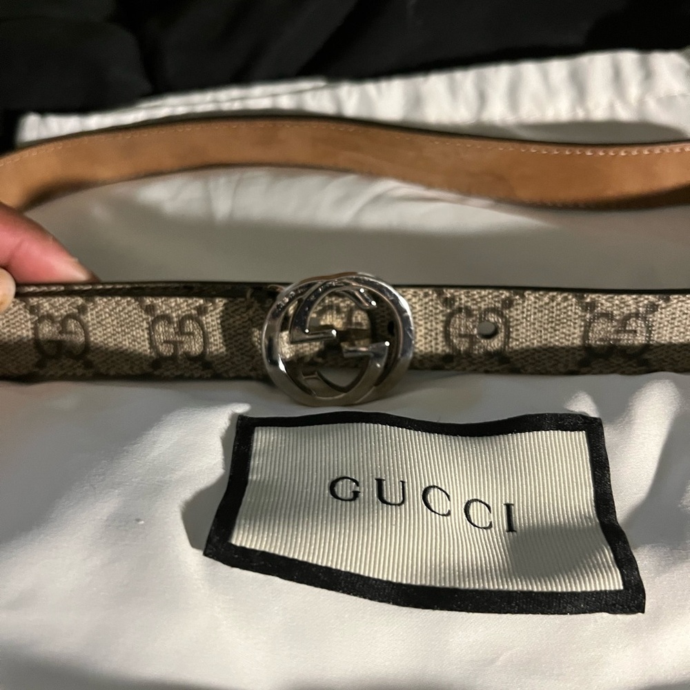 Gucci Monogram Beige and Brown Belt with Silver Buckle